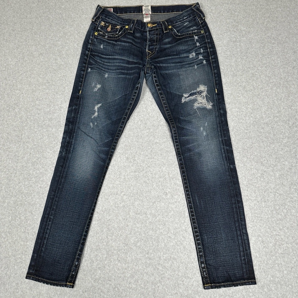 VTG True Religion Premium Jeans Sz 28 Skull Roses Distressed Ripped‎ Button Fly